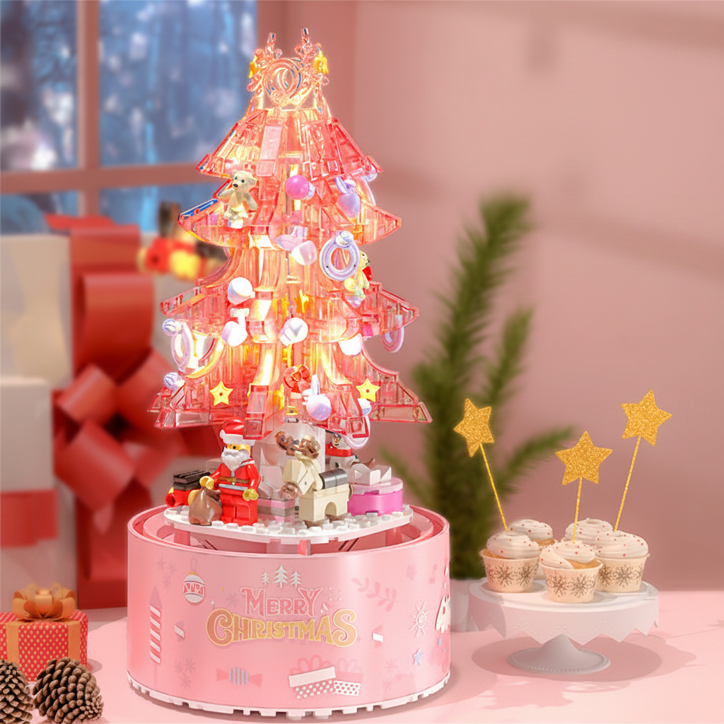 Pink Christmas Tree Shop Building Blocks – Desktop Display Model with Dust Cover for Holiday Collectors and Creative Gifts