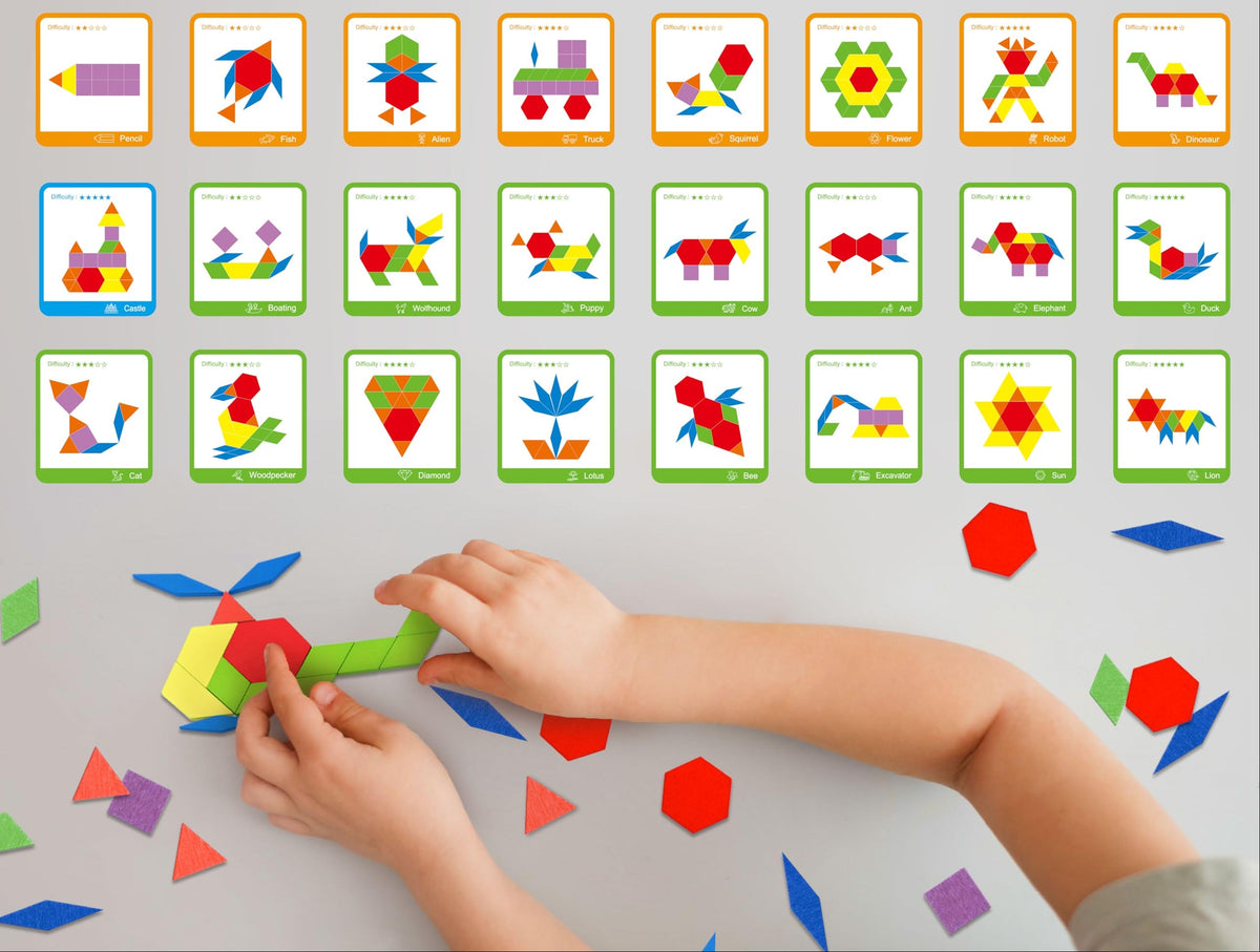 Wooden Pattern Blocks Set – 155-Piece Montessori Geometric Tangram Puzzle for Kids Developing Shape Recognition, Fine Motor Skills and Creativity