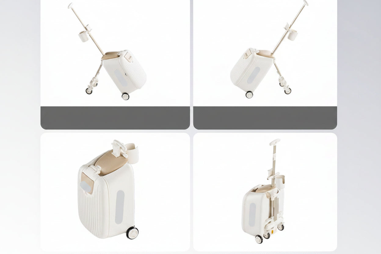 Kids Ride On Suitcase – Foldable Children's Travel Luggage with Seat, Cup Holder and Phone Holder for Easy Trips