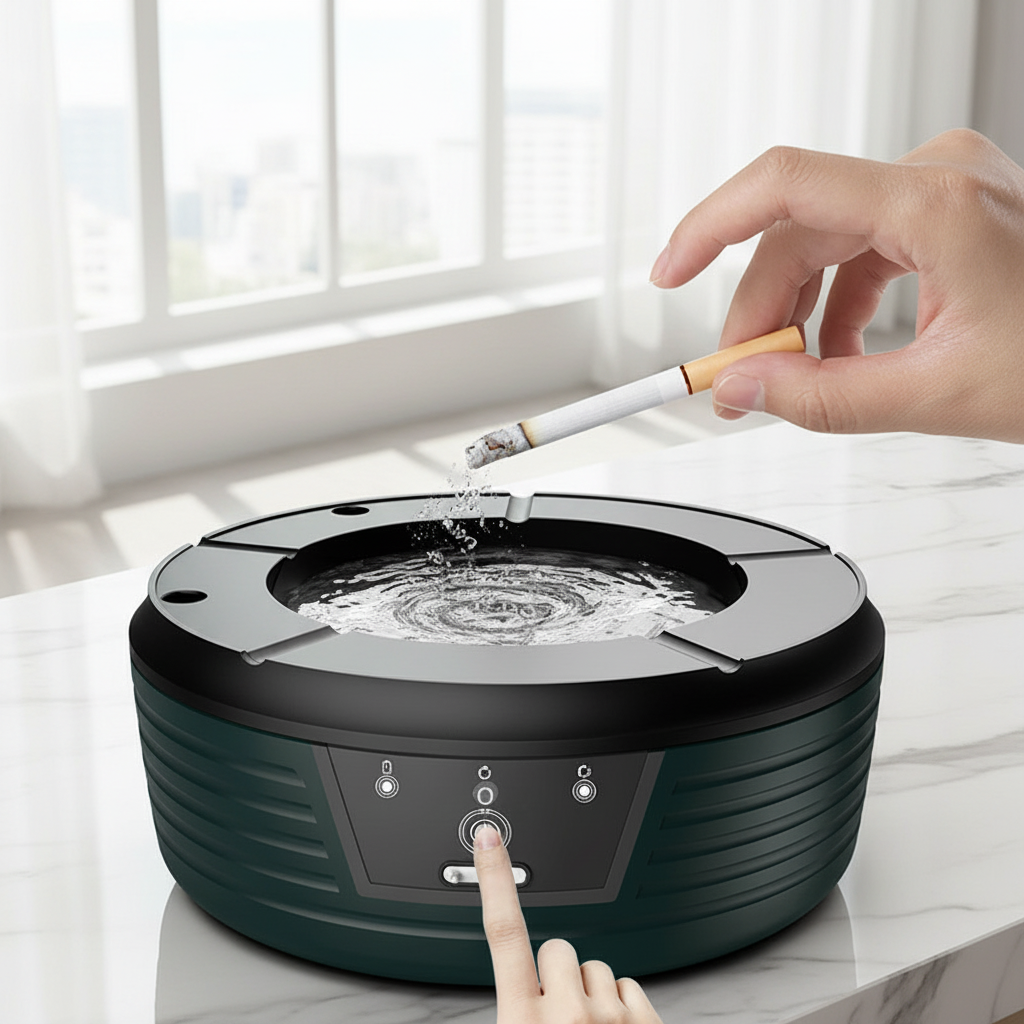 Smart Air Purifying Ashtray – Windproof Automatic Smoke Ashtray with Filter and Auto-Cleaning Function for Home, Office and Indoor Use
