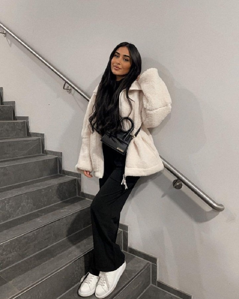 Women's Vintage Fleece Jacket – Warm Zip Up Winter Coat with Lapel Collar for Casual Streetwear and Daily Fashion