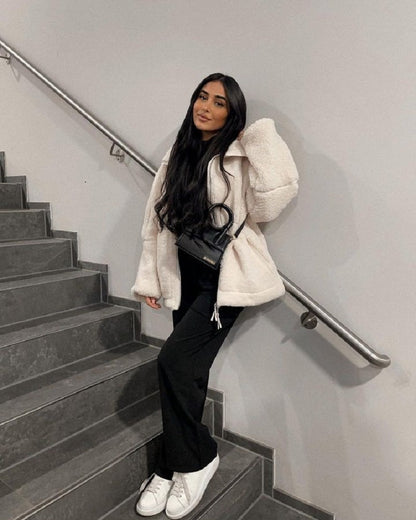 Women's Vintage Fleece Jacket – Warm Zip Up Winter Coat with Lapel Collar for Casual Streetwear and Daily Fashion