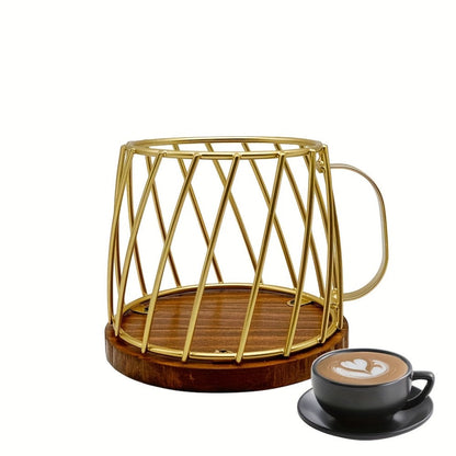 Mug-Shaped Coffee Pod Holder – Metal Capsule Storage Basket with Wooden Lid for Kitchen Countertops, Coffee Stations and Decorative Organization