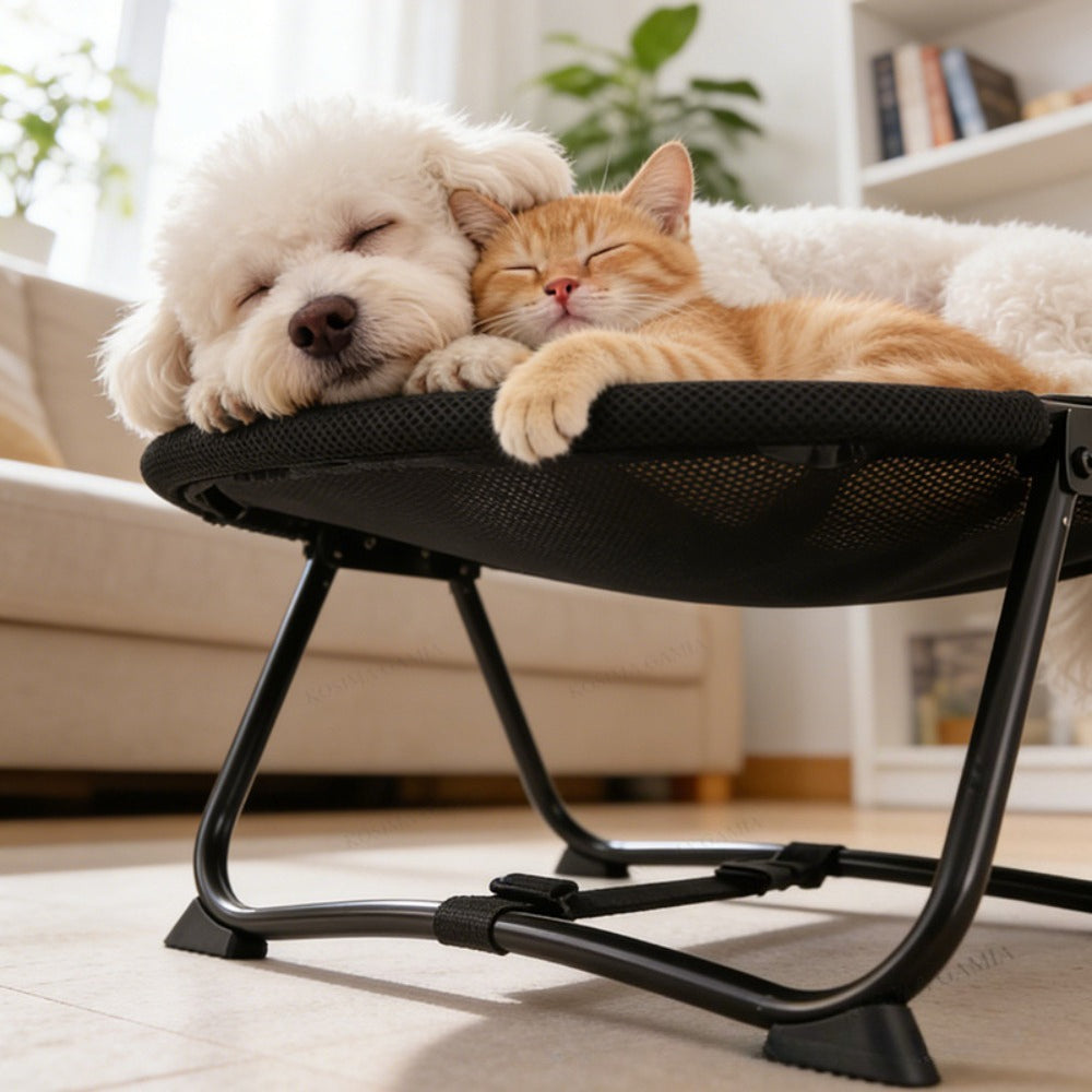 Foldable Elevated Pet Bed – Portable Breathable Mesh Cat and Dog Chair with Soft Flannel Cushion for Garden Outdoor and Travel