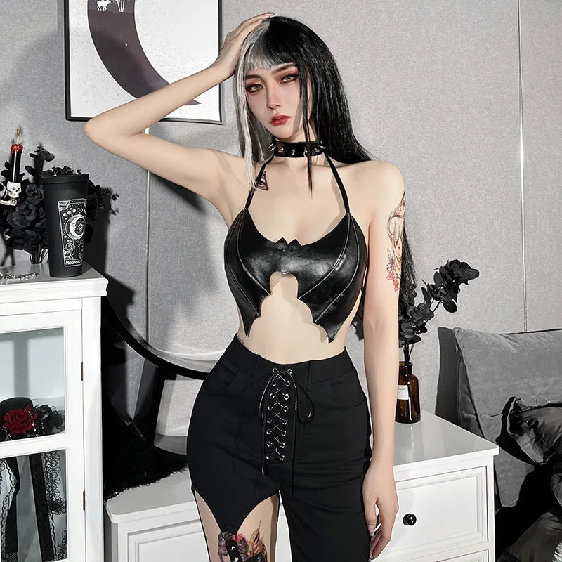 Punk Gothic Bat Wing Halter Crop Top – Sexy PU Leather Bralette Camisole for Steampunk Parties, Mall Goth Fashion and Alternative Nightwear