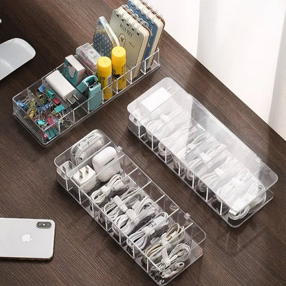 Transparent Cable Storage Box – Divided Grid Organizer for Phone Chargers, USB Data Cables and Household Electronic Accessories