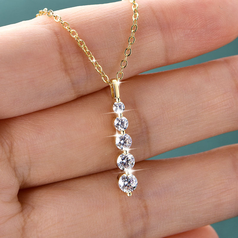 Five-Stone Moissanite Drop Necklace – Brilliant 14K Gold-Filled Long Pendant for Women, Wedding Jewelry, Romantic Gifts and Sophisticated Evening Styling