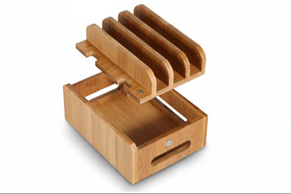 Bamboo Phone Charging Station – Wooden Organizer Stand for iPhone, Samsung, Tablets and USB Cables, Perfect for Home Office Desks