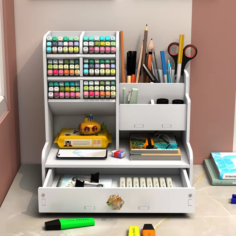 Wooden Desk Organizer – Multi Compartment Stationery Holder with Bookshelf for Office Supplies, Pens and Desktop Organization