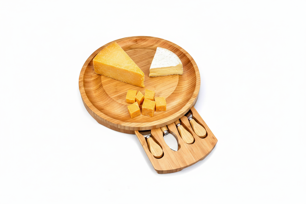 Bamboo Cheese Board and Knife Set – Portable Charcuterie Serving Tray with Sliding Drawer for Entertaining, Camping and Party Gatherings