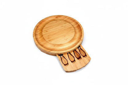 Bamboo Cheese Board and Knife Set – Portable Charcuterie Serving Tray with Sliding Drawer for Entertaining, Camping and Party Gatherings