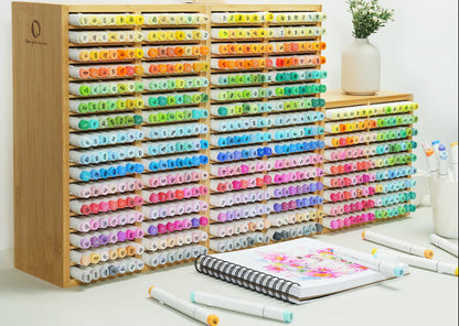 Bamboo Marker Organizer – Wooden Desktop Storage Holder for 126 Markers, Pens, Pencils and Art Brushes, Space-Saving Stationery Organizer