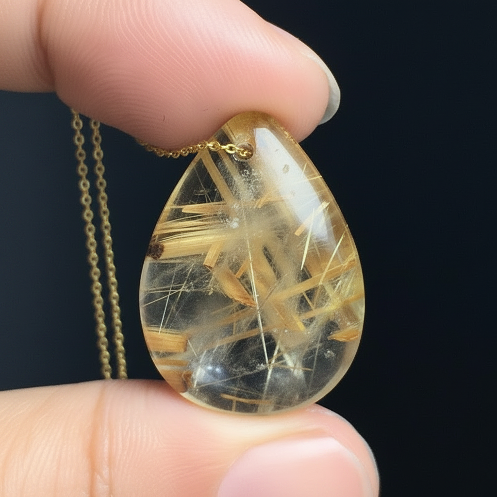 Natural Gold Rutilated Quartz Necklace – Genuine Brazil Crystal Pendant for Women and Men with Elegant Healing Jewelry Style