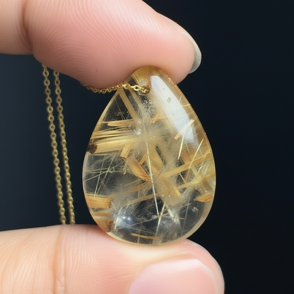 Natural Gold Rutilated Quartz Necklace – Genuine Brazil Crystal Pendant for Women and Men with Elegant Healing Jewelry Style