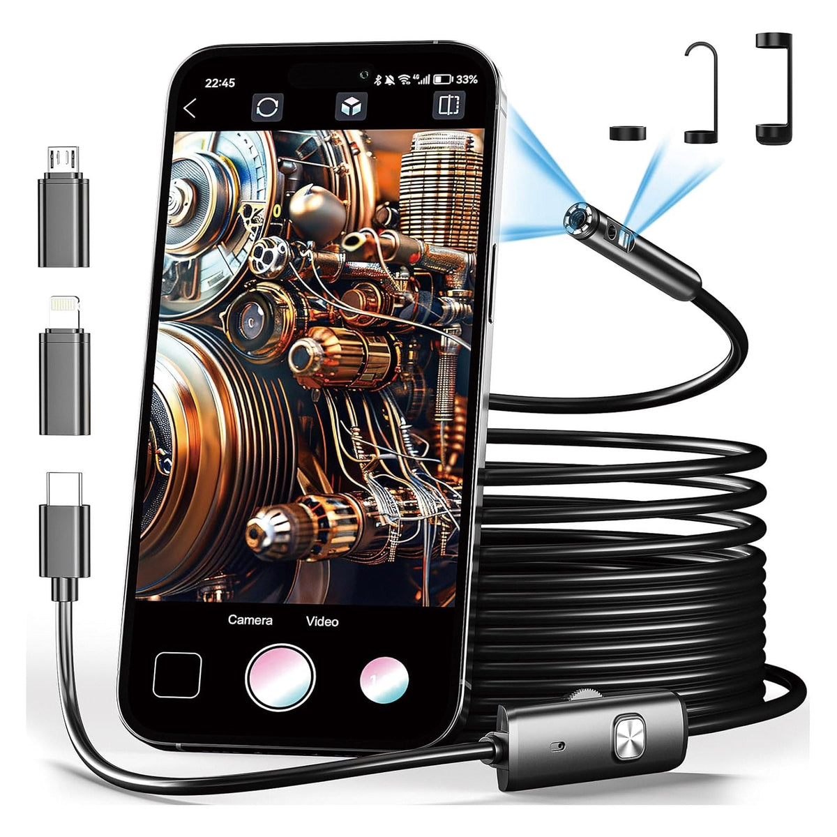 Endoscope Camera – 1080P Waterproof Dual Port Inspection Borescope for iPhone, Android, Cars and Pipe Diagnostics