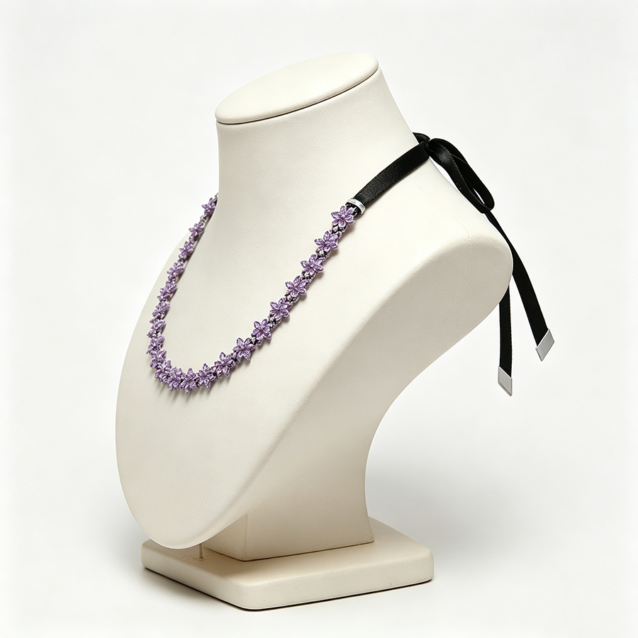 Silver Purple Bee Necklace – Sparkling Plant Specimen Pendant with Black Rope Wrap for Nature-Inspired Jewelry, Gifts and Elegant Everyday Styling