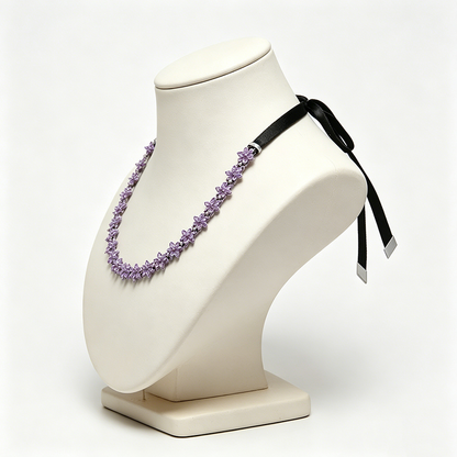 Silver Purple Bee Necklace – Sparkling Plant Specimen Pendant with Black Rope Wrap for Nature-Inspired Jewelry, Gifts and Elegant Everyday Styling