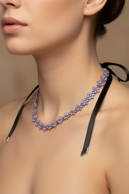Silver Purple Bee Necklace – Sparkling Plant Specimen Pendant with Black Rope Wrap for Nature-Inspired Jewelry, Gifts and Elegant Everyday Styling
