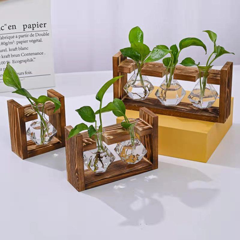 Glass Propagation Station – Tabletop Hydroponic Plant Vase with Wooden Tray for Home, Office and Elegant Botanical Display