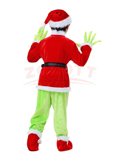Green Monster Christmas Costume – Kids Holiday Outfit with Pants for Festive Cosplay