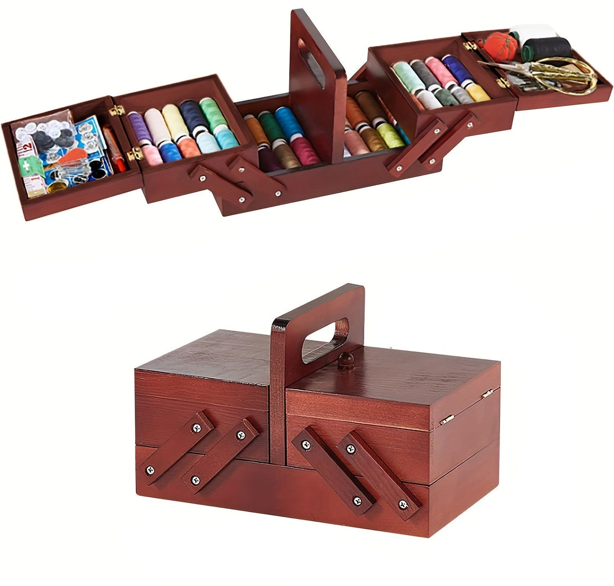 Wooden Sewing Box – Expandable Embroidery Storage Basket with Handle for Sewing Supplies, Threads, Needles and Portable Craft Organization