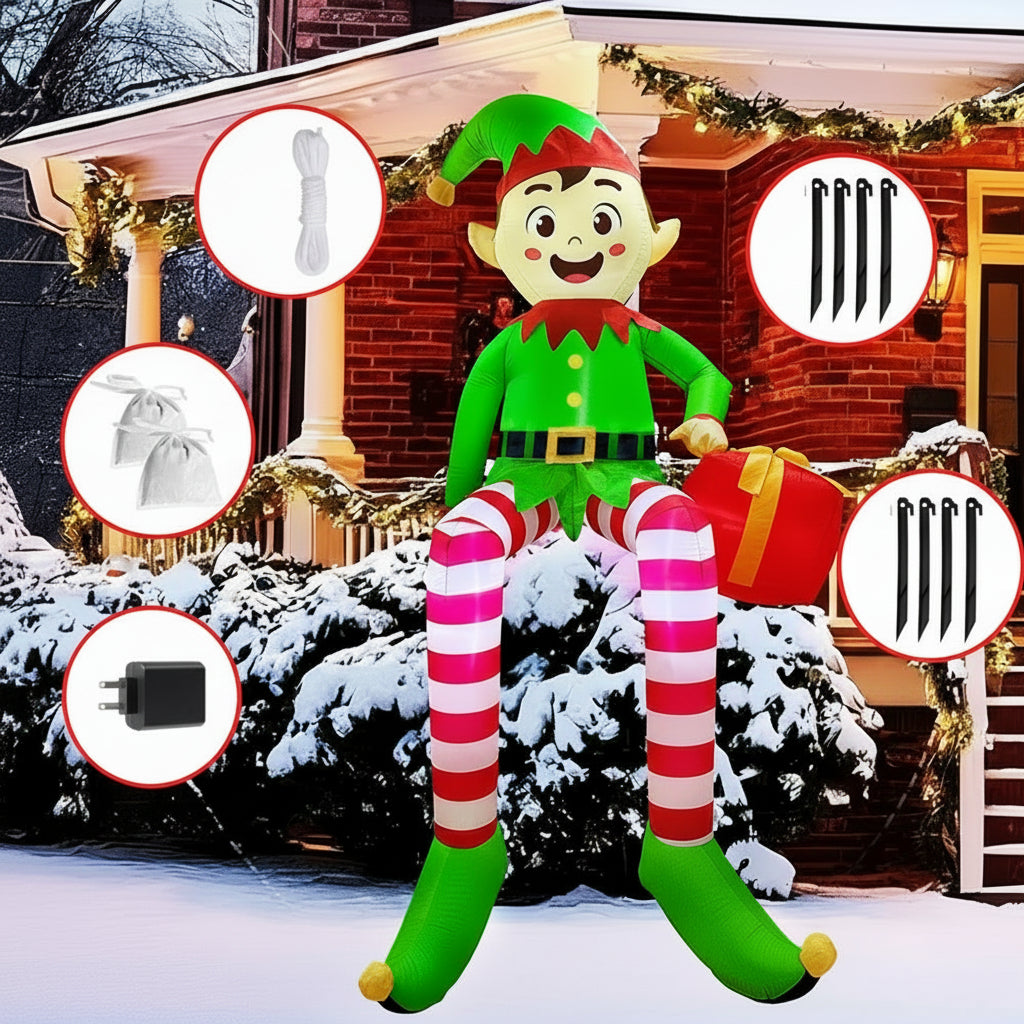Inflatable Sitting Elf Decoration – 2.5M LED Outdoor Christmas Yard Display with Gift Box for Holiday Celebrations