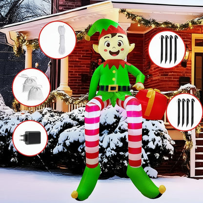 Inflatable Sitting Elf Decoration – 2.5M LED Outdoor Christmas Yard Display with Gift Box for Holiday Celebrations