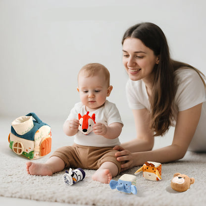 Montessori Plush Farm Barn Toy-Musical Sensory Learning Set with Farm Animals for Infant Development and Cognitive Growth