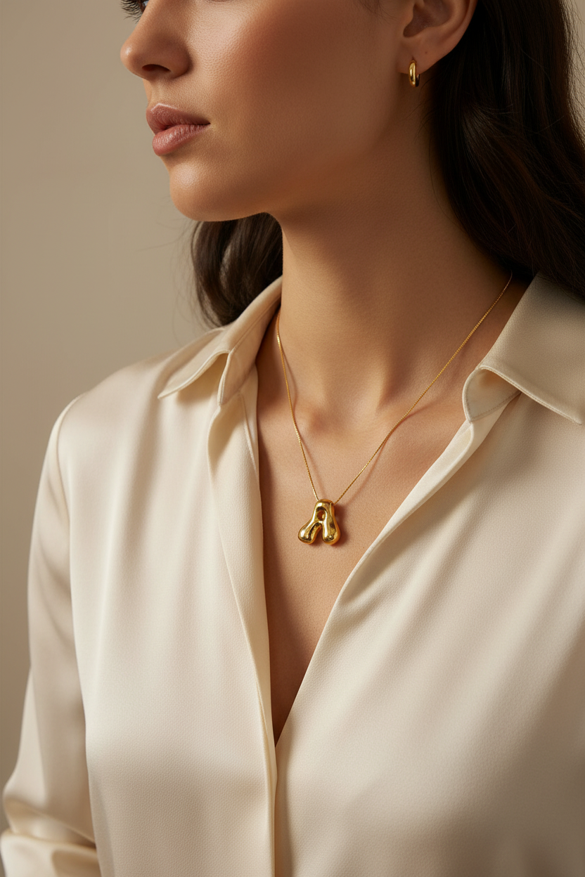 Gold Tone Initial Necklace – Stainless Steel Bubble Letter Pendant Jewelry for Women and Girls, Personalized Trendy Collar Gift