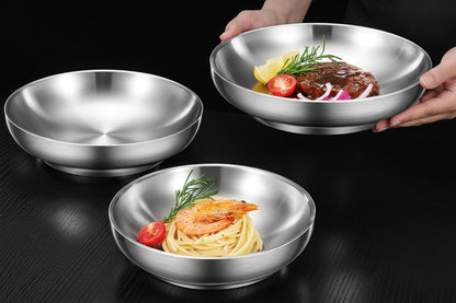 Stainless Steel Banquet Plate – Ultra-Thick Heat-Insulated, Fall-Resistant Dinner Dish with LFGB Certification for Kids, Families, Camping and Everyday Meals