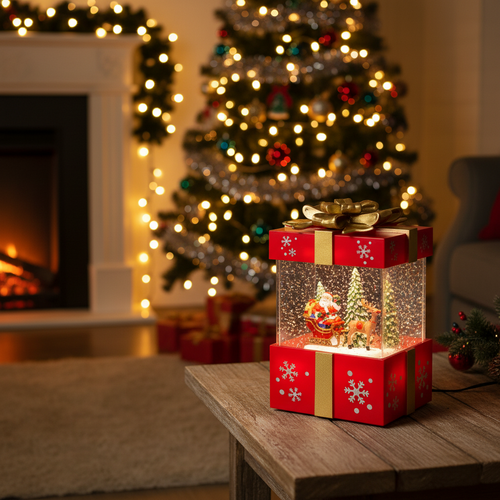 Christmas Musical Gift Box – Rotating Santa Village Decoration with Music for Holiday Tabletop Display and Festive Home Decor
