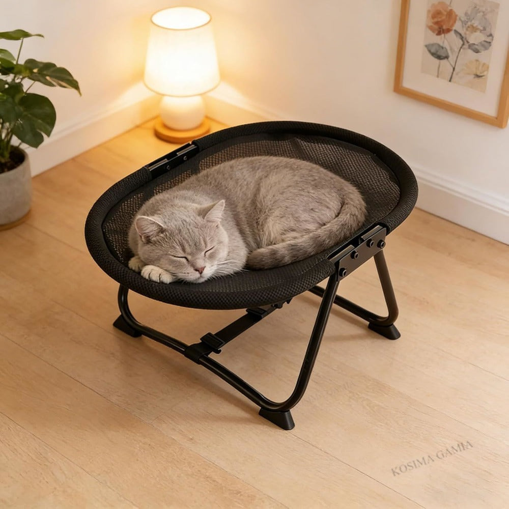 Foldable Elevated Pet Bed – Portable Breathable Mesh Cat and Dog Chair with Soft Flannel Cushion for Garden Outdoor and Travel