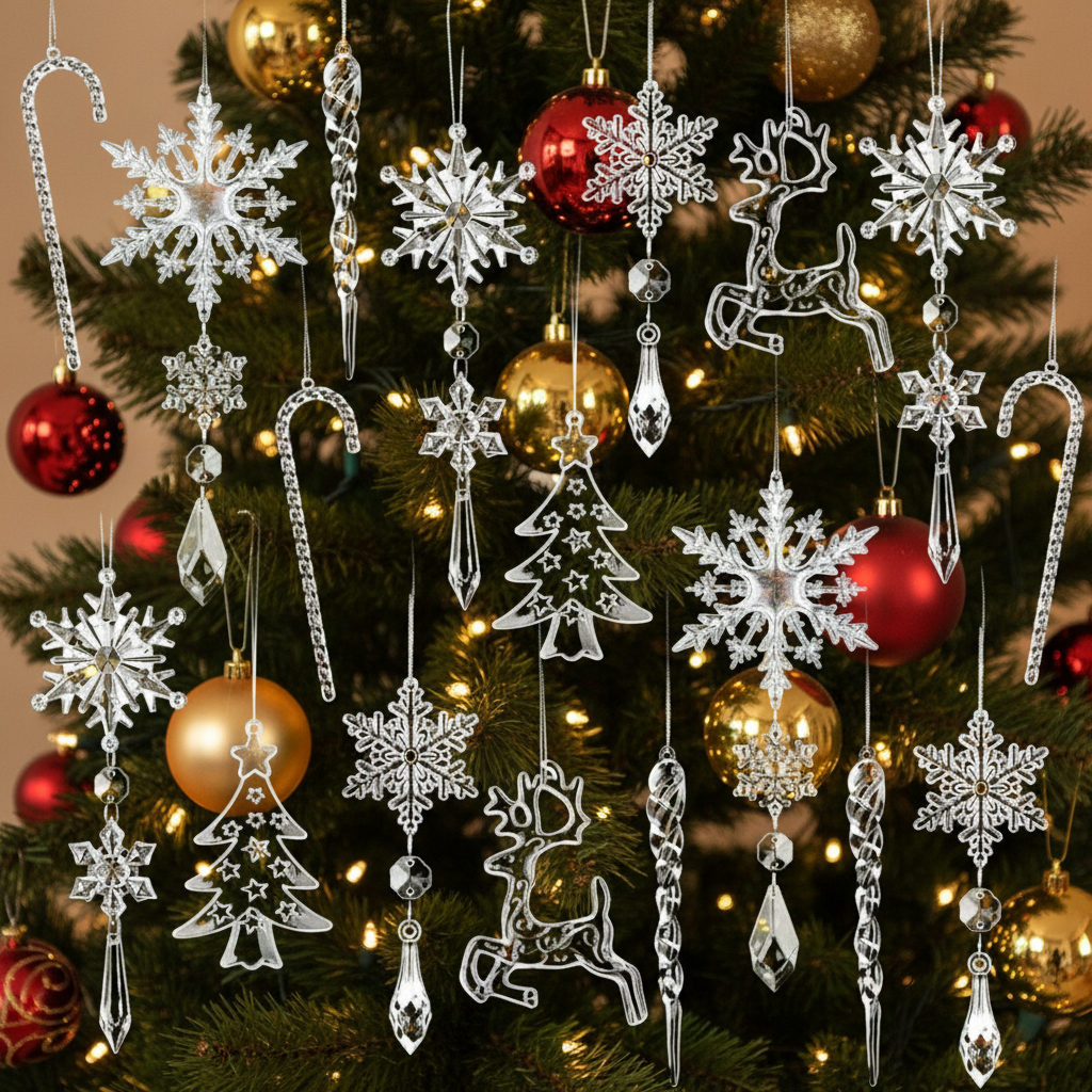 Acrylic Crystal Snowflake Ornament Set – Christmas Tree Icicle Hanging Decorations for Holiday Parties and Elegant Winter Displays