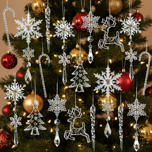 Acrylic Crystal Snowflake Ornament Set – Christmas Tree Icicle Hanging Decorations for Holiday Parties and Elegant Winter Displays