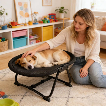 Foldable Elevated Pet Bed – Portable Breathable Mesh Cat and Dog Chair with Soft Flannel Cushion for Garden Outdoor and Travel