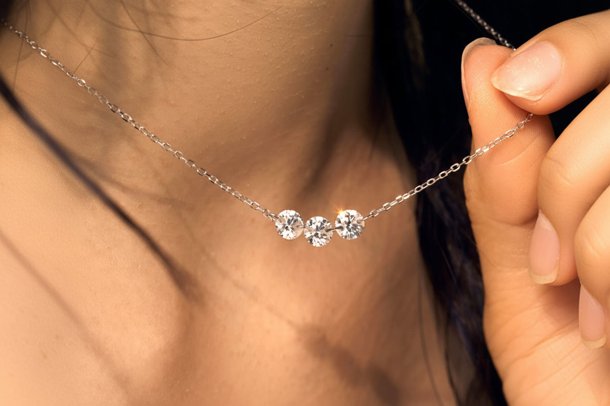 Genuine S925 Silver Zircon Necklace – Three Sparkling Stones with Adjustable Sliding Length for Minimalist Luxury Styling and Elegant Men’s or Women’s Jewelry