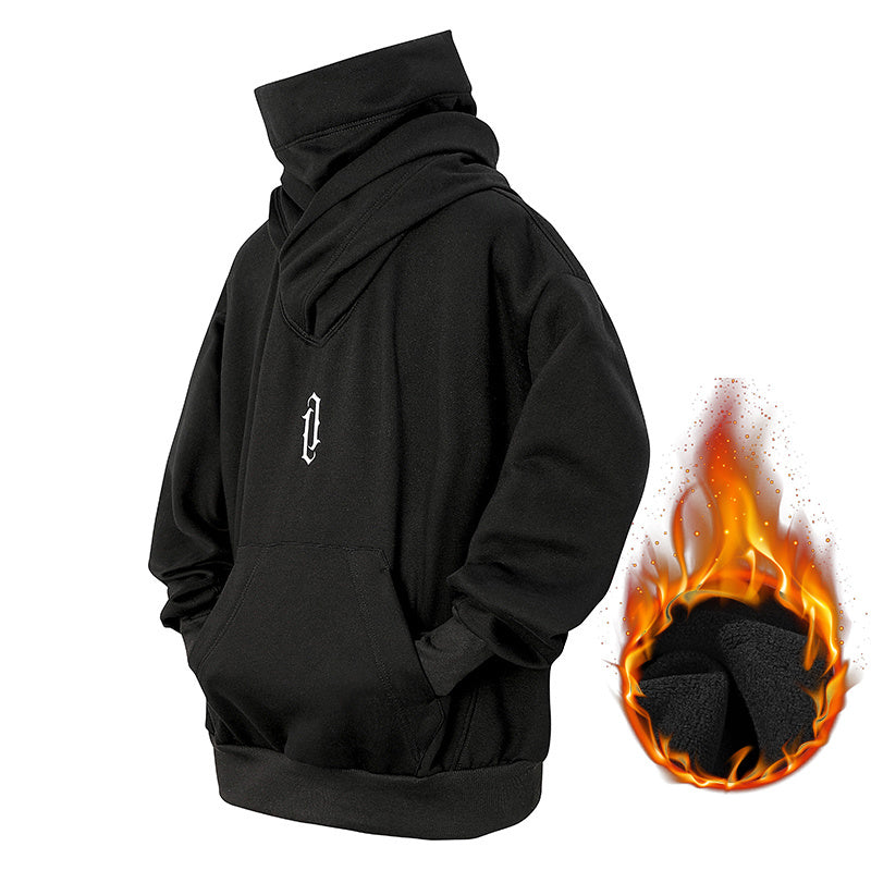 Men’s Embroidered Ninja Hoodie – Japanese Streetwear Fleece Sweatshirt with Turtleneck Design and Oversized Y2K Fashion Appeal