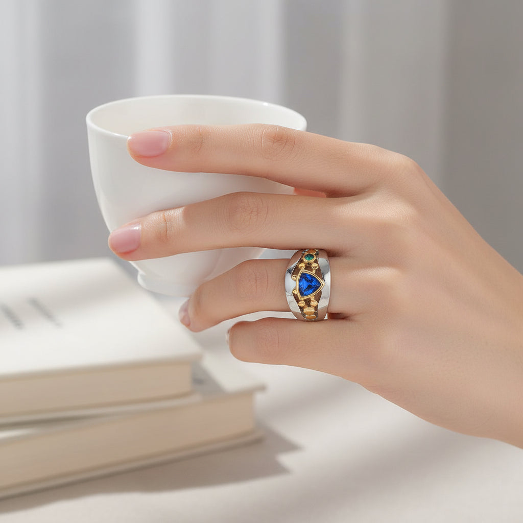 Green Stone Statement Ring - Elegant Triangular Gem Fashion Jewelry for Women, Anniversary Gift and Birthday Ring Accessory
