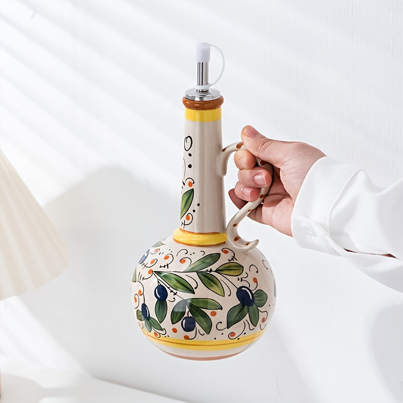 Ceramic Olive Oil Dispenser – BPA-Free Embossed Kitchen Bottle for Olive Oil, Vinegar and Cooking Storage with Elegant Underglaze Design