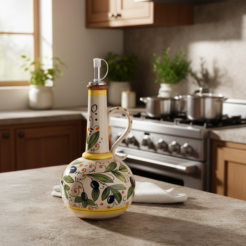 Ceramic Olive Oil Dispenser – BPA-Free Embossed Kitchen Bottle for Olive Oil, Vinegar and Cooking Storage with Elegant Underglaze Design