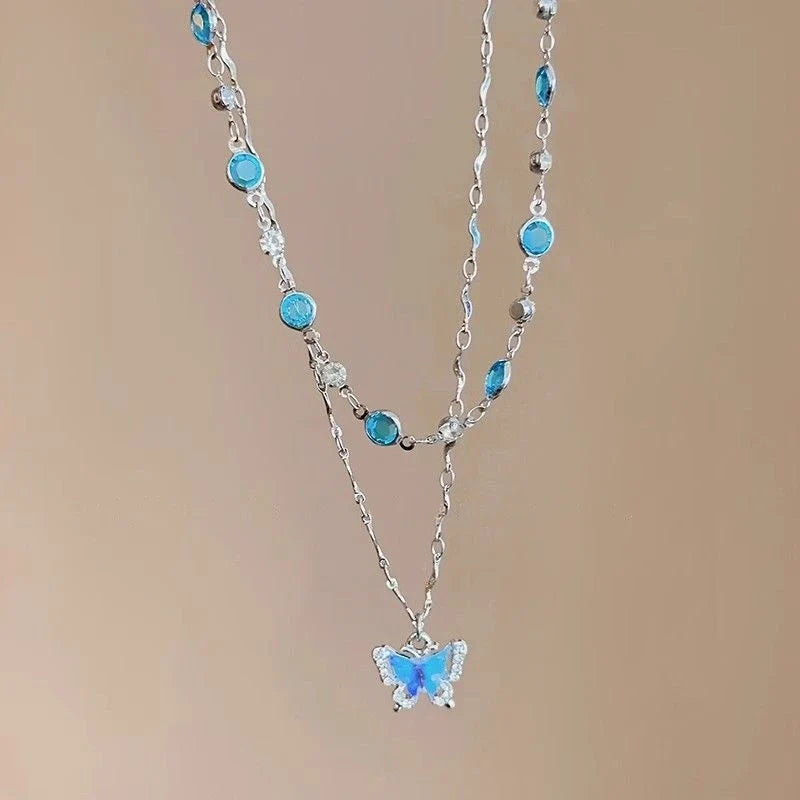 Blue Crystal Butterfly Necklace – Romantic Zircon Clavicle Chain with Elegant Double-Layer Design for Women, Girls, Weddings and Parties
