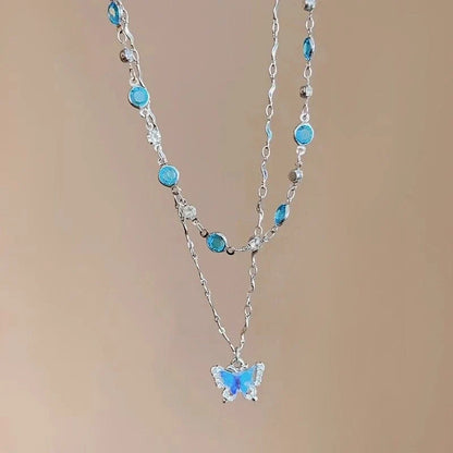 Blue Crystal Butterfly Necklace – Romantic Zircon Clavicle Chain with Elegant Double-Layer Design for Women, Girls, Weddings and Parties