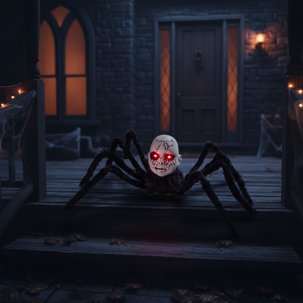 Animatronic Spider Doll Face Halloween Prop – Motion-Activated Glowing Eyes and Sound Control for Scary Haunted House Decorations and Parties