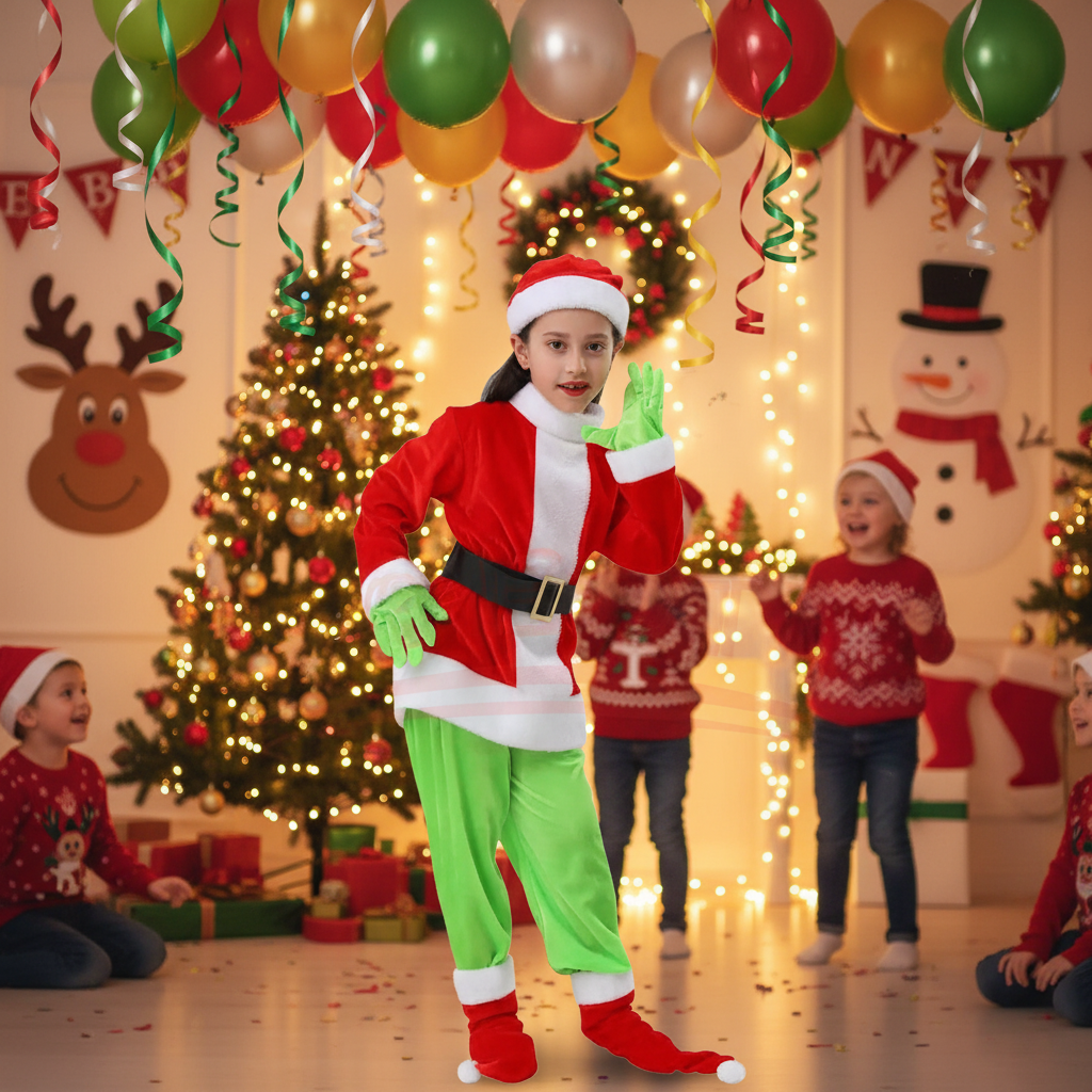 Green Monster Christmas Costume – Kids Holiday Outfit with Pants for Festive Cosplay
