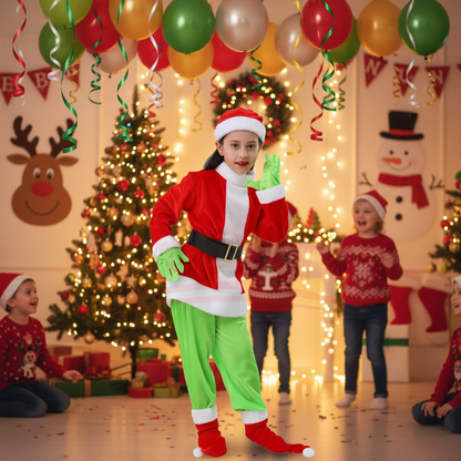 Green Monster Christmas Costume – Kids Holiday Outfit with Pants for Festive Cosplay