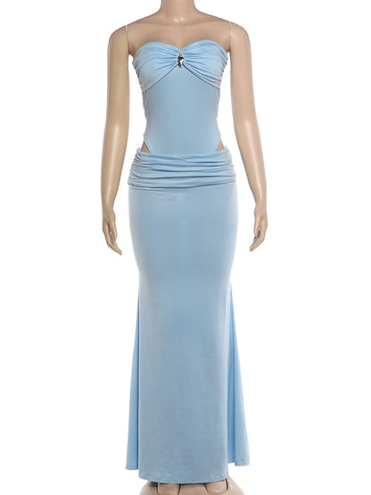 Backless Two Piece Skirt Set – Metal Detail Bodysuit with High Waist Maxi Skirt for Elegant Party and Evening Fashion