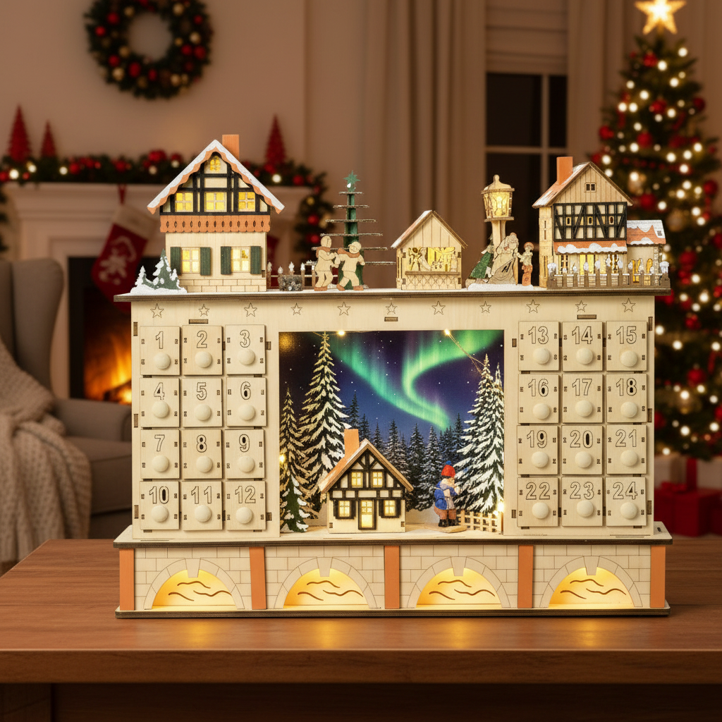 Wooden Advent Calendar with Drawers – Refillable 24 Compartment Christmas Countdown Organizer for Holiday Gifts and Home Display
