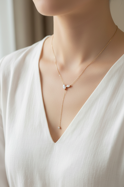Certified Marquise Moissanite Lariat Necklace – S925 Silver 4cttw Lab Diamond-Look Y-Style Tassel Pendant for Women, Weddings, Parties and Elegant Gifts