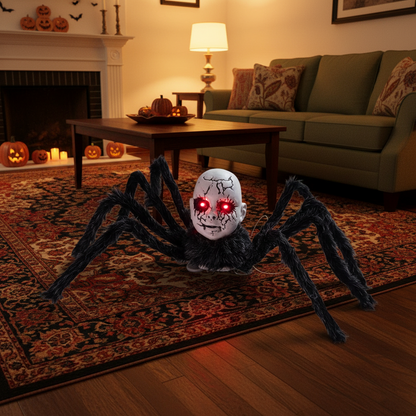 Animatronic Spider Doll Face Halloween Prop – Motion-Activated Glowing Eyes and Sound Control for Scary Haunted House Decorations and Parties