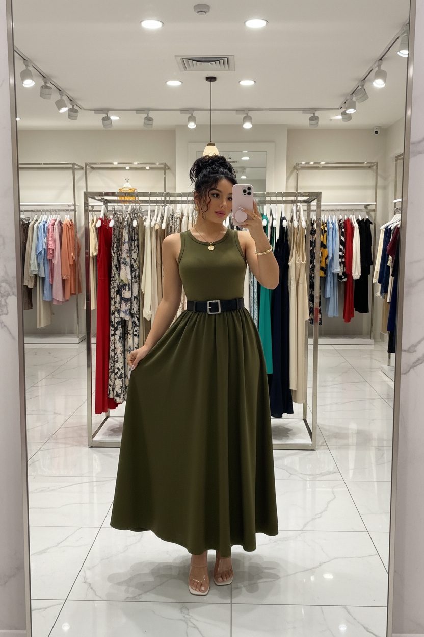 Women’s Summer Sleeveless Dress – Elegant Solid Color Casual Vacation Dress with Waist Belt for Romantic Outings, Parties and Everyday Wear